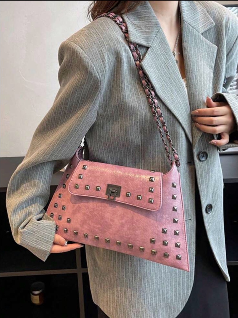 Pink Studded Leather Shoulder Bag